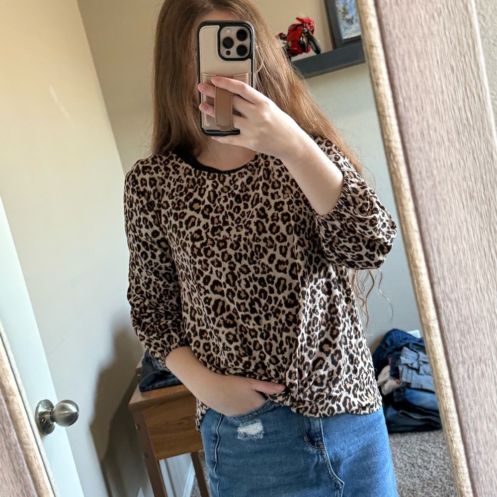 Cream and Tan Boxy Blouse with Leopard Print